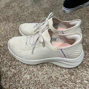 Skechers Women’s Cream Knit Slip-On Sneaker with Pink Lining
